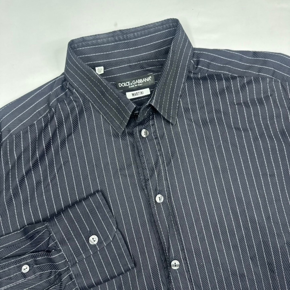 Dolce & Gabbana Martini Shirt Mens 15.5 39 Black Pinstripe Herringbone Italy